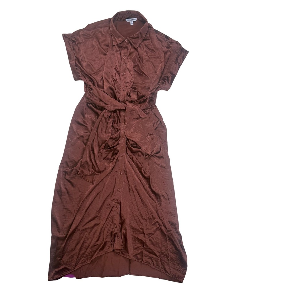 Steve Madden Brown Satin Button Front Tie Waist Midi Shirt Dress Womens Size 8